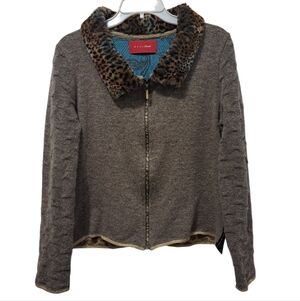 Vintage Eva & Claudi Y2K Floral Wool Blend Faux Fur Leopard Collar Cardigan Larg